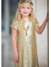 Short Sleeves Gold Sequin Knee Length Flower Girl Dress